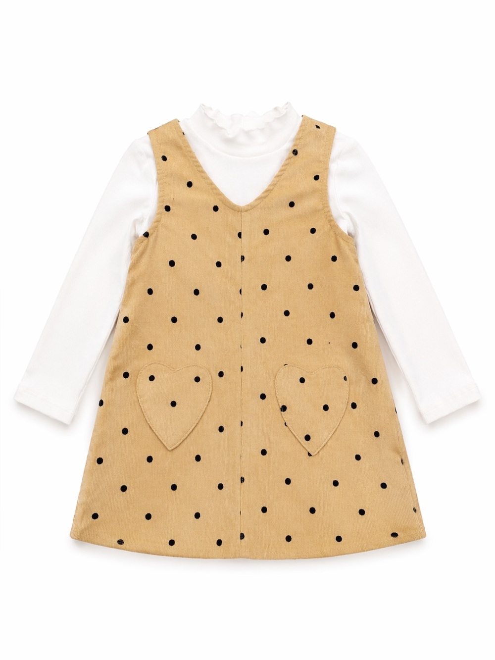 Tahari Tan Dress with Black Dots and White Shirt